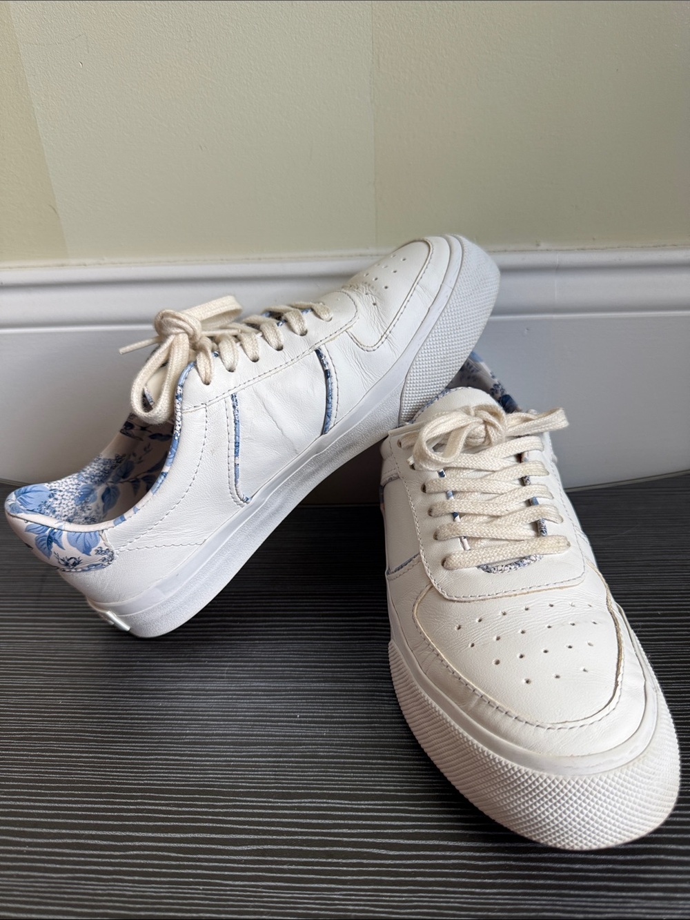 Reformation women’s White Harlow leather Sneakers with Blue Floral Trim